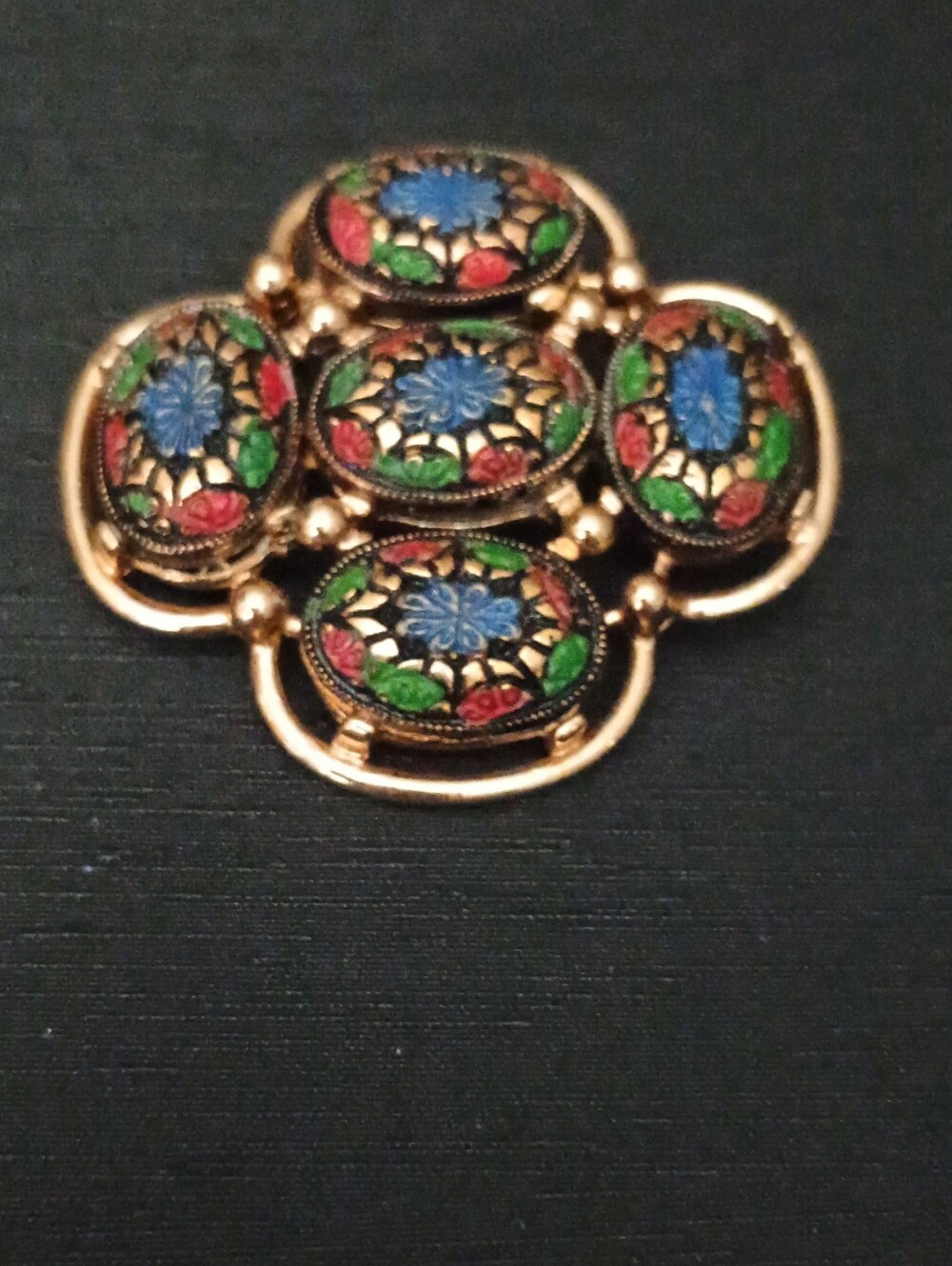 Gold-Tone Floral Enamel Brooch Pin in Blue, Green & Red